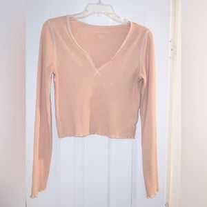 American Eagle Waffle Knit Notch Long Sleeve Tee - Blush